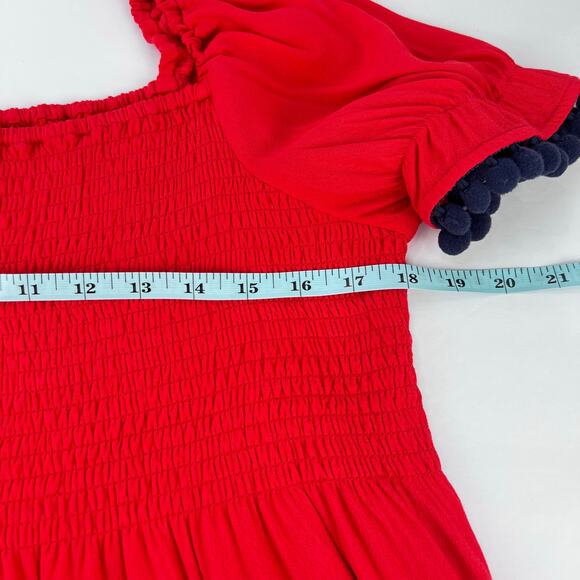 STS Sail to Sable Red SMOCKED FLUTTER SLEEVE Pom Pom Mini DRESS L PREPPY - Picture 12 of 12